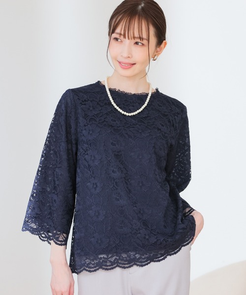GLACIER lusso(グラシアルッソ)の「8分袖レーストップス(Tシャツ/カットソー・レディース・アイボリー/ネイビー/ライトグレー・L/LL/M/S)」の3枚目の写真