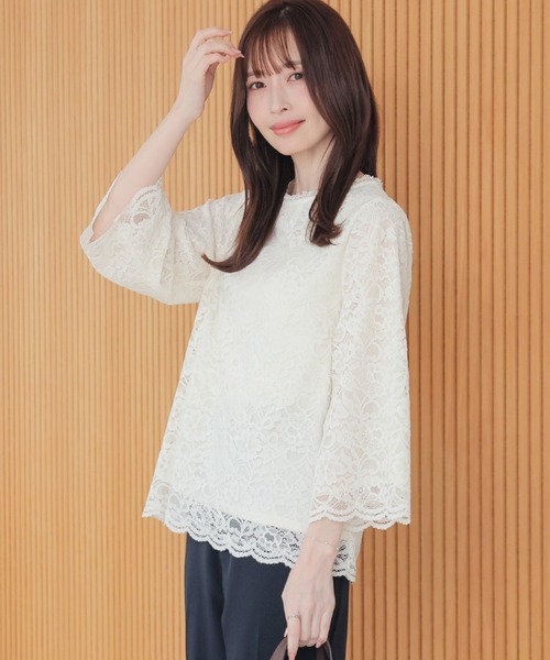 GLACIER lusso(グラシアルッソ)の「8分袖レーストップス(Tシャツ/カットソー・レディース・アイボリー/ネイビー/ライトグレー・L/LL/M/S)」の7枚目の写真