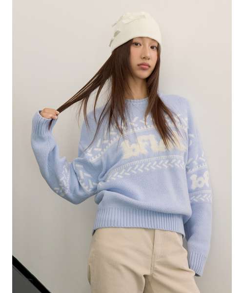 Bb' BENETTON(ビーフラットベネトン)の「パターンラウンドニット(スカイブルー)(ニット/セーター・レディース・その他・ONE SIZE)」の1枚目の写真