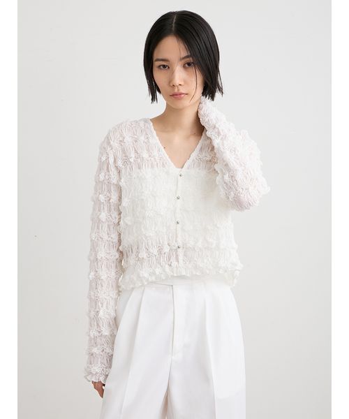 MIESROHE（ミースロエ）の「シャーリングVネックカーデ（ニット/セーター・レディース・イエロー/マルチ/ホワイト・F）」の2枚目の写真