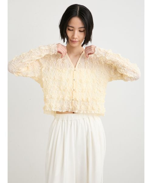 MIESROHE（ミースロエ）の「シャーリングVネックカーデ（ニット/セーター・レディース・イエロー/マルチ/ホワイト・F）」の5枚目の写真