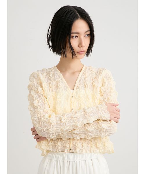 MIESROHE（ミースロエ）の「シャーリングVネックカーデ（ニット/セーター・レディース・イエロー/マルチ/ホワイト・F）」の12枚目の写真