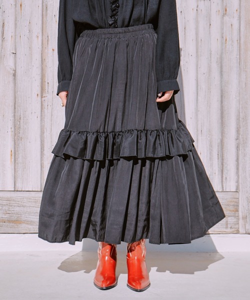 manana suerte（マニャーナスエルテ）の「フリルギャザースカート（スカート・レディース・ブラック/ホワイト・FREE）」の2枚目の写真