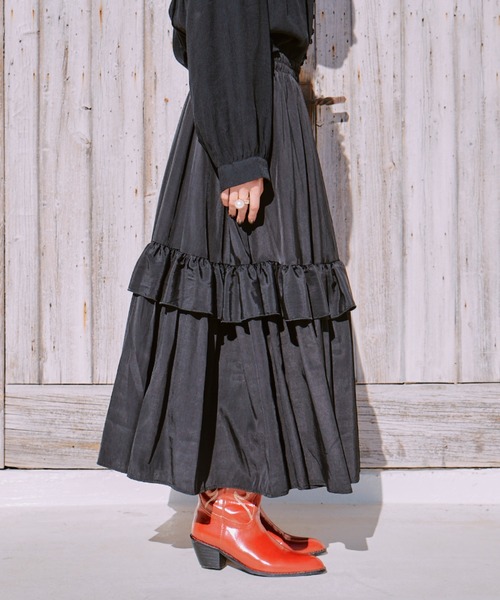 manana suerte（マニャーナスエルテ）の「フリルギャザースカート（スカート・レディース・ブラック/ホワイト・FREE）」の21枚目の写真