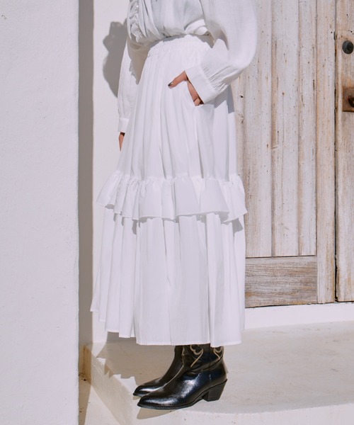 manana suerte（マニャーナスエルテ）の「フリルギャザースカート（スカート・レディース・ブラック/ホワイト・FREE）」の5枚目の写真