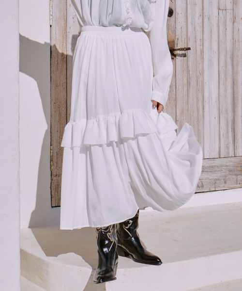 manana suerte（マニャーナスエルテ）の「フリルギャザースカート（スカート・レディース・ブラック/ホワイト・FREE）」の3枚目の写真