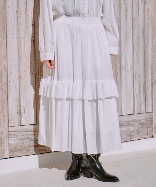 manana suerte（マニャーナスエルテ）の「フリルギャザースカート（スカート・レディース・ブラック/ホワイト・FREE）」の4枚目の写真