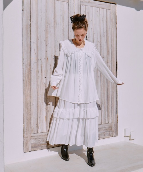 manana suerte（マニャーナスエルテ）の「フリルギャザースカート（スカート・レディース・ブラック/ホワイト・FREE）」の14枚目の写真