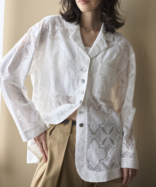 Firsthand（ファーストハンド）の「Firsthand/ファーストハンド パネル レース シャツ ジャケット / セットアップ対応（その他アウター・レディース・ブラック/ホワイト・FREE）」の4枚目の写真