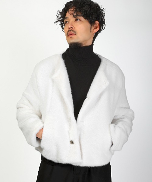 LUXSTYLE（ラグスタイル）の「ノーカラーフェイクファージャケット（ブルゾン・メンズ・ブラック/ホワイト・L/M）」の5枚目の写真
