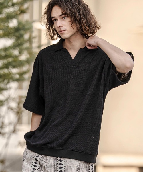 CAMBIO（カンビオ）の「mhs2577-メランジニットソースキッパーポロ（ポロシャツ・メンズ・ブラック/キナリ・M/L/XL）」の9枚目の写真