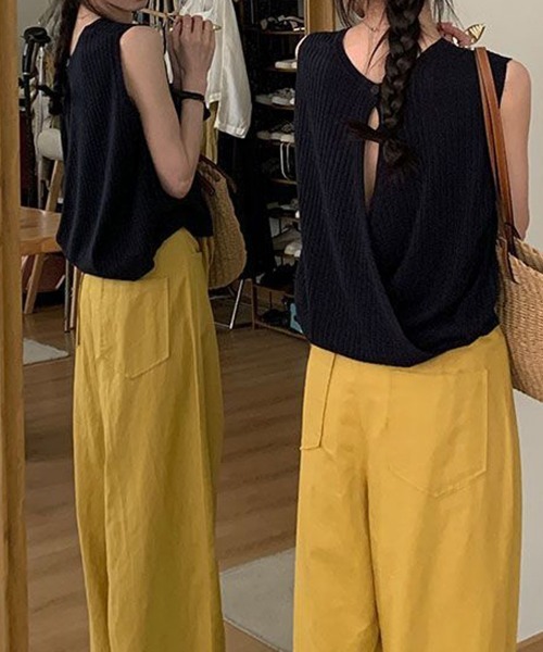 Miniministore(ミニミニストア)の「サマーニットタンクトップ 背中開き 夏服(タンクトップ・レディース・ライトベージュ/ピンク/レッド/ブラック/イエロー×グリーン/ブルーグレー・FREE)」の2枚目の写真