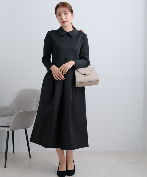 Neige(ネージュ)の「丸襟タフタ切替ワンピース(ワンピース・レディース・ブラック/ネイビー・ONE SIZE)」の4枚目の写真