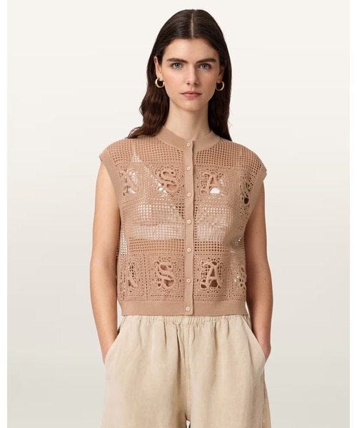 ALLSAINTS(オールセインツ)の「KYRA OPEN KNIT CROCHET COTTON WAISTCOAT | KYRA オープン ニット クロシェ コットン ウエストコート(ベスト・レディース・ピンク系その他・XS/M/S)」の1枚目の写真