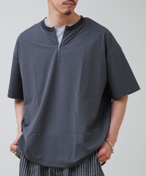 GLOSTER(グロスター)の「カットサッカー ハーフジップTシャツ(Tシャツ/カットソー・メンズ・グレー/ネイビー/ブラック・L/M/S)」の3枚目の写真