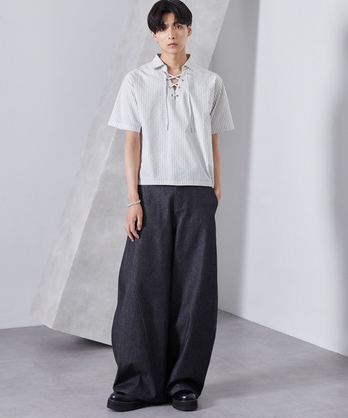 Loose/ルース（ルース）の「ストライプ ショートレースアップシャツ（シャツ/ブラウス・メンズ・ブルー系/グレー系/ホワイト系・L/M/S）」の19枚目の写真