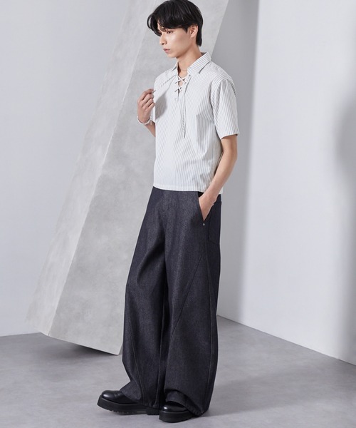 Loose/ルース（ルース）の「ストライプ ショートレースアップシャツ（シャツ/ブラウス・メンズ・ブルー系/グレー系/ホワイト系・L/M/S）」の20枚目の写真