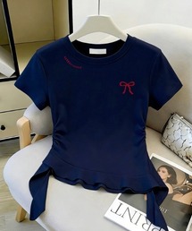 リボン刺繍ペプラムTシャツ