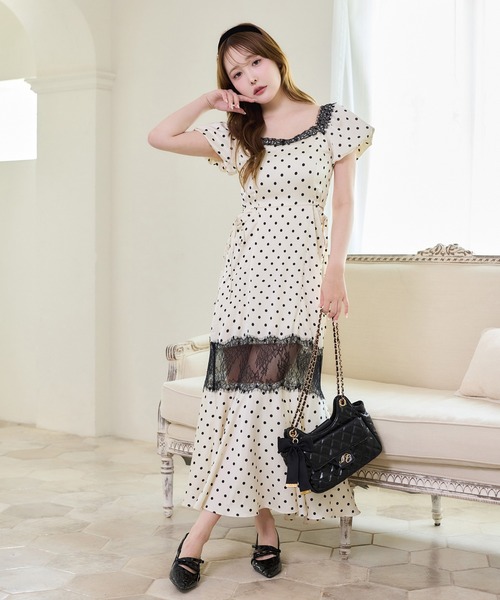 niceclaup サイドカットデザインチェックワンピース セール】【Lace Collection】サイドカットレースワンピース