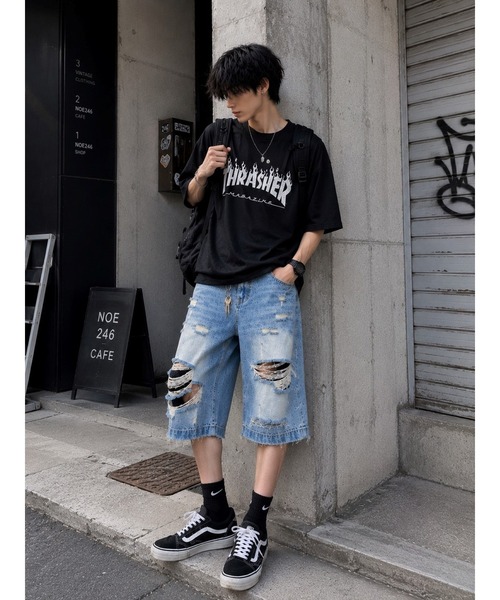 Bling Leads(ブリングリーズ)の「【Bls】 【ZM】【Bling Leads】ダメージ加工 スケーター ハーフパンツ(デニムパンツ・メンズ・ブルー・LARGE/MEDIUM)」の3枚目の写真