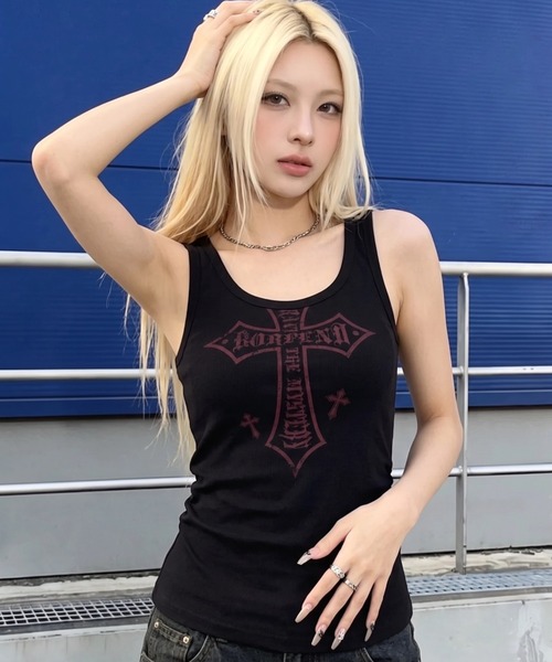 .KOM(ドットコム)の「A'GEM/9 × .kom 『.KOM/ドットケーオーエム』Cross Print Tank Top /クロスプリントタンクトップ(タンクトップ・レディース・ホワイト/ブラック・M)」の7枚目の写真