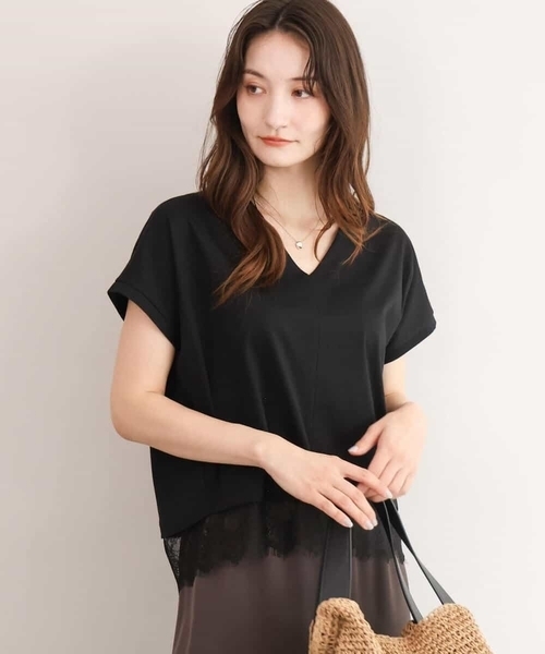 MK MICHEL KLEIN（エムケーミッシェルクラン）の「[接触冷感/洗える]ヘムレースデザインVネックカットソー（Tシャツ/カットソー・レディース・ホワイト/ブラック・38）」の3枚目の写真