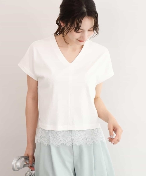 MK MICHEL KLEIN（エムケーミッシェルクラン）の「[接触冷感/洗える]ヘムレースデザインVネックカットソー（Tシャツ/カットソー・レディース・ホワイト/ブラック・38）」の10枚目の写真