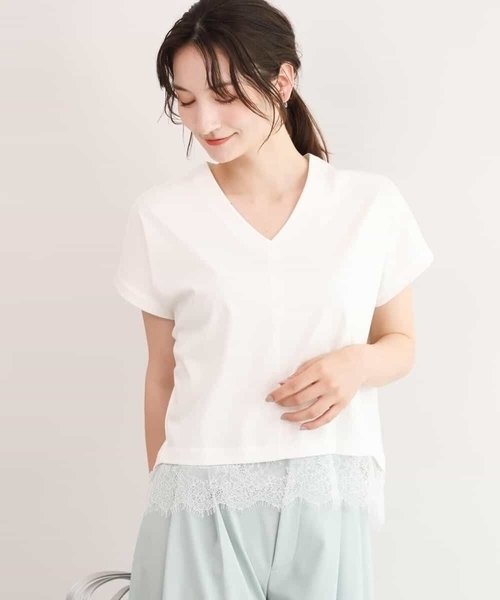 MK MICHEL KLEIN（エムケーミッシェルクラン）の「[接触冷感/洗える]ヘムレースデザインVネックカットソー（Tシャツ/カットソー・レディース・ホワイト/ブラック・38）」の11枚目の写真