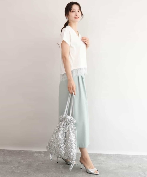 MK MICHEL KLEIN（エムケーミッシェルクラン）の「[接触冷感/洗える]ヘムレースデザインVネックカットソー（Tシャツ/カットソー・レディース・ホワイト/ブラック・38）」の12枚目の写真