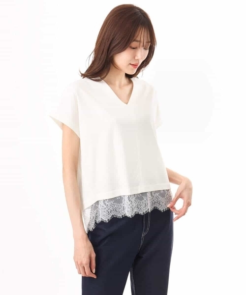 MK MICHEL KLEIN（エムケーミッシェルクラン）の「[接触冷感/洗える]ヘムレースデザインVネックカットソー（Tシャツ/カットソー・レディース・ホワイト/ブラック・38）」の15枚目の写真