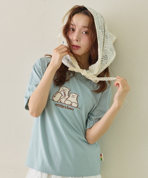 cross marche（クロスマルシェ）の「【サンドイッチハウスメルヘン】サガラ刺繍メルるん♪半袖Tシャツ（Tシャツ/カットソー・レディース・ベージュ/サックスブルー・LL/L/M）」の2枚目の写真