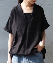 フェイクレイヤード キーネック 重ね着風 プルオーバー シャツ