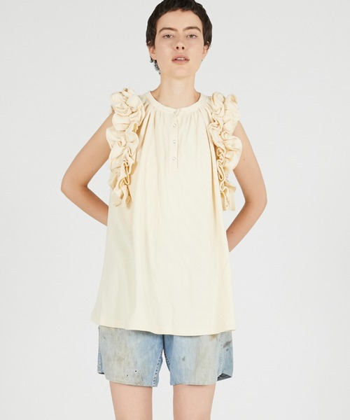 crinkle crinkle crinkle（クリンクルクリンクルクリンクル）の「【crinkle crinkle crinkle】waffle frill nosleeve top/ワッフルフリルノースリーブトップ（Tシャツ/カットソー・レディース・チャコールグレー/アイボリー・FREE）」の13枚目の写真