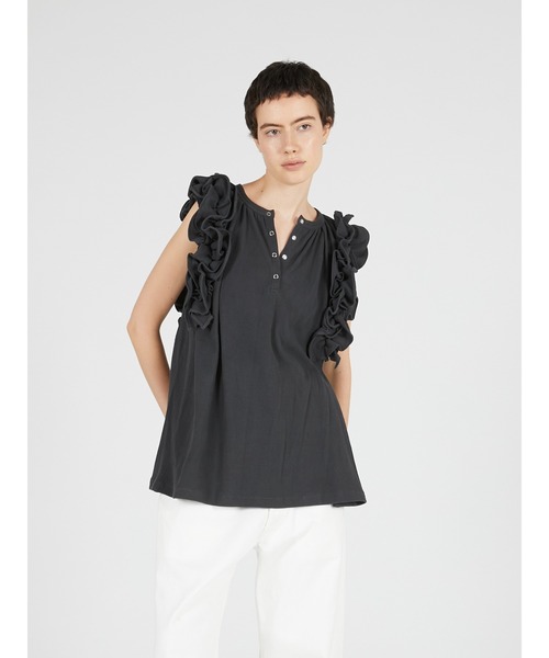 crinkle crinkle crinkle（クリンクルクリンクルクリンクル）の「【crinkle crinkle crinkle】waffle frill nosleeve top/ワッフルフリルノースリーブトップ（Tシャツ/カットソー・レディース・チャコールグレー/アイボリー・FREE）」の9枚目の写真