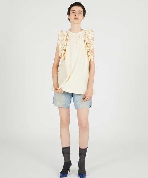 crinkle crinkle crinkle（クリンクルクリンクルクリンクル）の「【crinkle crinkle crinkle】waffle frill nosleeve top/ワッフルフリルノースリーブトップ（Tシャツ/カットソー・レディース・チャコールグレー/アイボリー・FREE）」の20枚目の写真