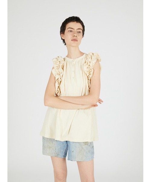crinkle crinkle crinkle（クリンクルクリンクルクリンクル）の「【crinkle crinkle crinkle】waffle frill nosleeve top/ワッフルフリルノースリーブトップ（Tシャツ/カットソー・レディース・チャコールグレー/アイボリー・FREE）」の14枚目の写真
