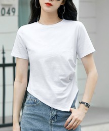 アシンメトリー裾デザイン 半袖カットソー ラウンドネック Tシャツ シンプルトップス