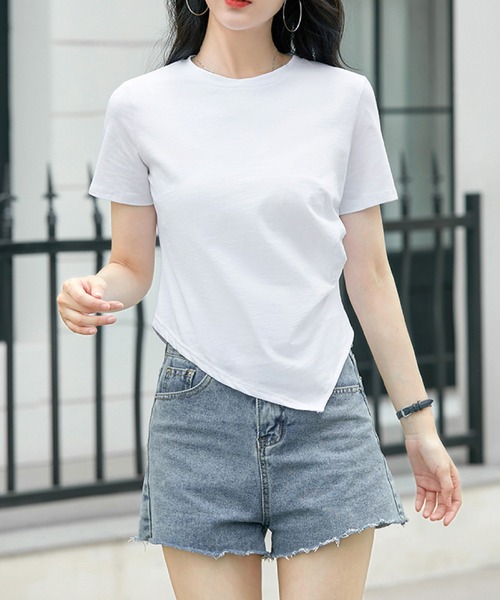 2ly2（トゥーリートゥー）の「アシンメトリー裾デザイン 半袖カットソー ラウンドネック Tシャツ シンプルトップス（Tシャツ/カットソー・レディース・ホワイト/グレー/ブラック・FREE）」の5枚目の写真