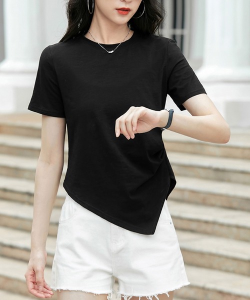 2ly2（トゥーリートゥー）の「アシンメトリー裾デザイン 半袖カットソー ラウンドネック Tシャツ シンプルトップス（Tシャツ/カットソー・レディース・ホワイト/グレー/ブラック・FREE）」の10枚目の写真