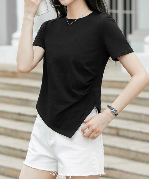 2ly2（トゥーリートゥー）の「アシンメトリー裾デザイン 半袖カットソー ラウンドネック Tシャツ シンプルトップス（Tシャツ/カットソー・レディース・ホワイト/グレー/ブラック・FREE）」の11枚目の写真