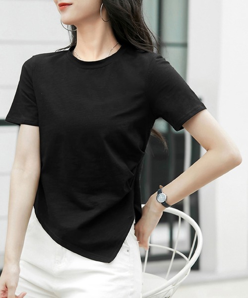 2ly2（トゥーリートゥー）の「アシンメトリー裾デザイン 半袖カットソー ラウンドネック Tシャツ シンプルトップス（Tシャツ/カットソー・レディース・ホワイト/グレー/ブラック・FREE）」の13枚目の写真