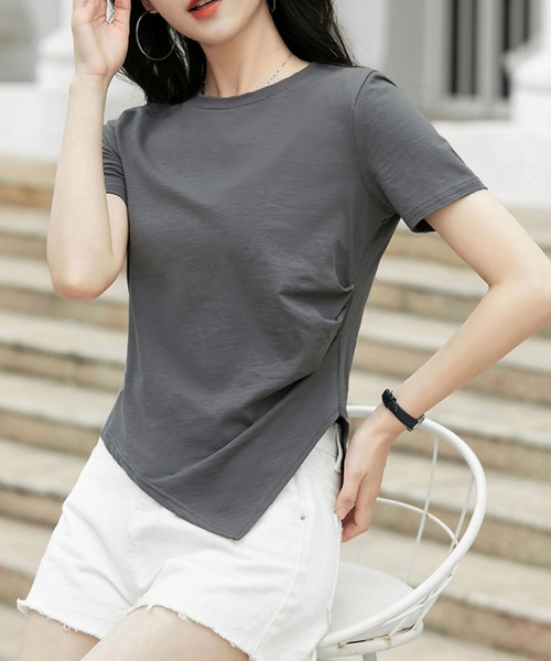 2ly2（トゥーリートゥー）の「アシンメトリー裾デザイン 半袖カットソー ラウンドネック Tシャツ シンプルトップス（Tシャツ/カットソー・レディース・ホワイト/グレー/ブラック・FREE）」の14枚目の写真