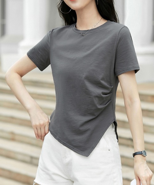 2ly2（トゥーリートゥー）の「アシンメトリー裾デザイン 半袖カットソー ラウンドネック Tシャツ シンプルトップス（Tシャツ/カットソー・レディース・ホワイト/グレー/ブラック・FREE）」の15枚目の写真