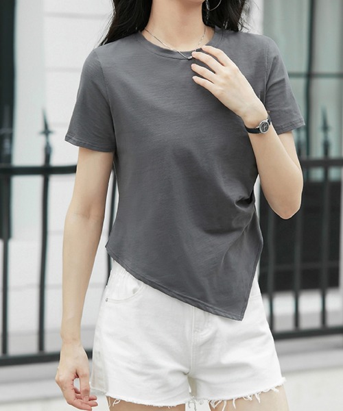 2ly2（トゥーリートゥー）の「アシンメトリー裾デザイン 半袖カットソー ラウンドネック Tシャツ シンプルトップス（Tシャツ/カットソー・レディース・ホワイト/グレー/ブラック・FREE）」の16枚目の写真