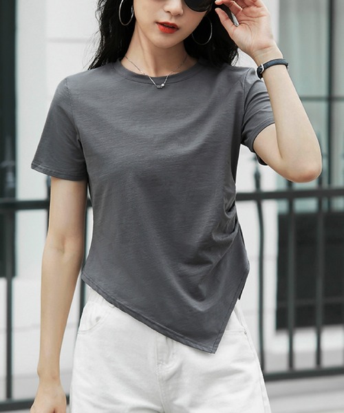 2ly2（トゥーリートゥー）の「アシンメトリー裾デザイン 半袖カットソー ラウンドネック Tシャツ シンプルトップス（Tシャツ/カットソー・レディース・ホワイト/グレー/ブラック・FREE）」の17枚目の写真