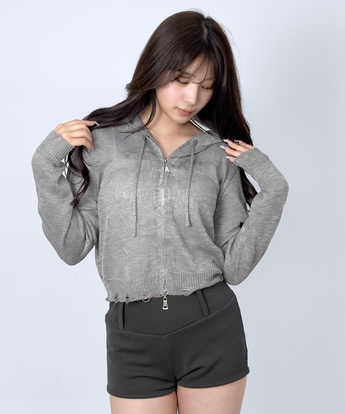 FOLLOWIN(フォロウィン)の「【3COLOR】ダメージロゴシアーニットジップパーカーカーディガン(カーディガン/ボレロ・レディース・ホワイト/ブラック/グレー・FREE)」の21枚目の写真