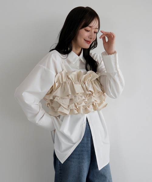 AMUU. PRECIEUSE（アムープレシューズ）の「【SETUP対応】ナイロンフリルビスチェ（キャミソール・レディース・ブラック/アイボリー・FREE）」の8枚目の写真
