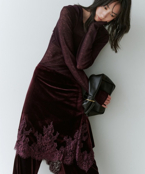 MIESROHE(ミースロエ)の「ベロアドッキングレース巻きスカート(スカート・レディース・ワインレッド/アイボリー/ブラック・F)」の3枚目の写真