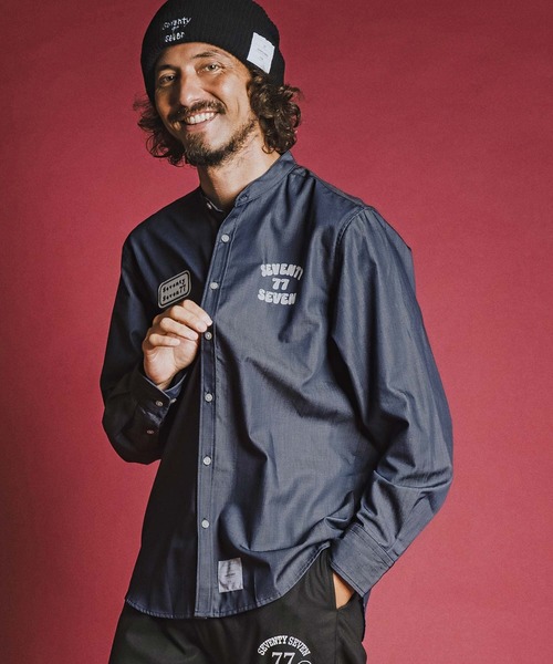 seventy seven(セブンティセブン)の「ms6597- denim style band collar L-S shirt (funny arch) バンドカラー長袖シャツ(7726W310)(シャツ/ブラウス・メンズ・ブラック/インディゴブルー・S/M/L/XL)」の2枚目の写真