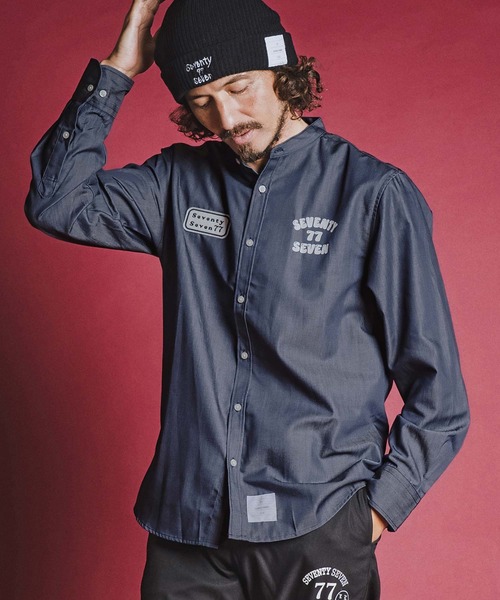 seventy seven(セブンティセブン)の「ms6597- denim style band collar L-S shirt (funny arch) バンドカラー長袖シャツ(7726W310)(シャツ/ブラウス・メンズ・ブラック/インディゴブルー・S/M/L/XL)」の3枚目の写真